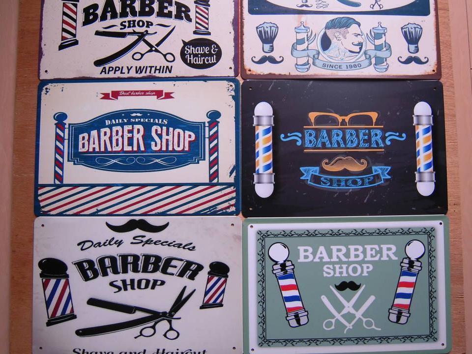 BARBER　1円　6枚セット　20×30㎝　理容室　バーバーショップ　新品】【大特価　新品　ヤフオク落札価格検索　第④弾　送料無料　オークフリー　訳あり】　～　ブリキ看板　SHOP　美容院　最終の落札情報詳細